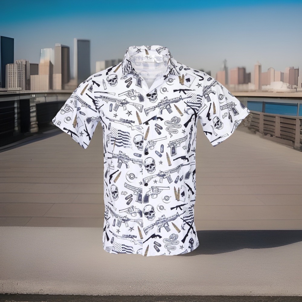 Funny Guy Mugs Gun Skull‎ Print Shirt XXL White Graphic Button Up Men's Top